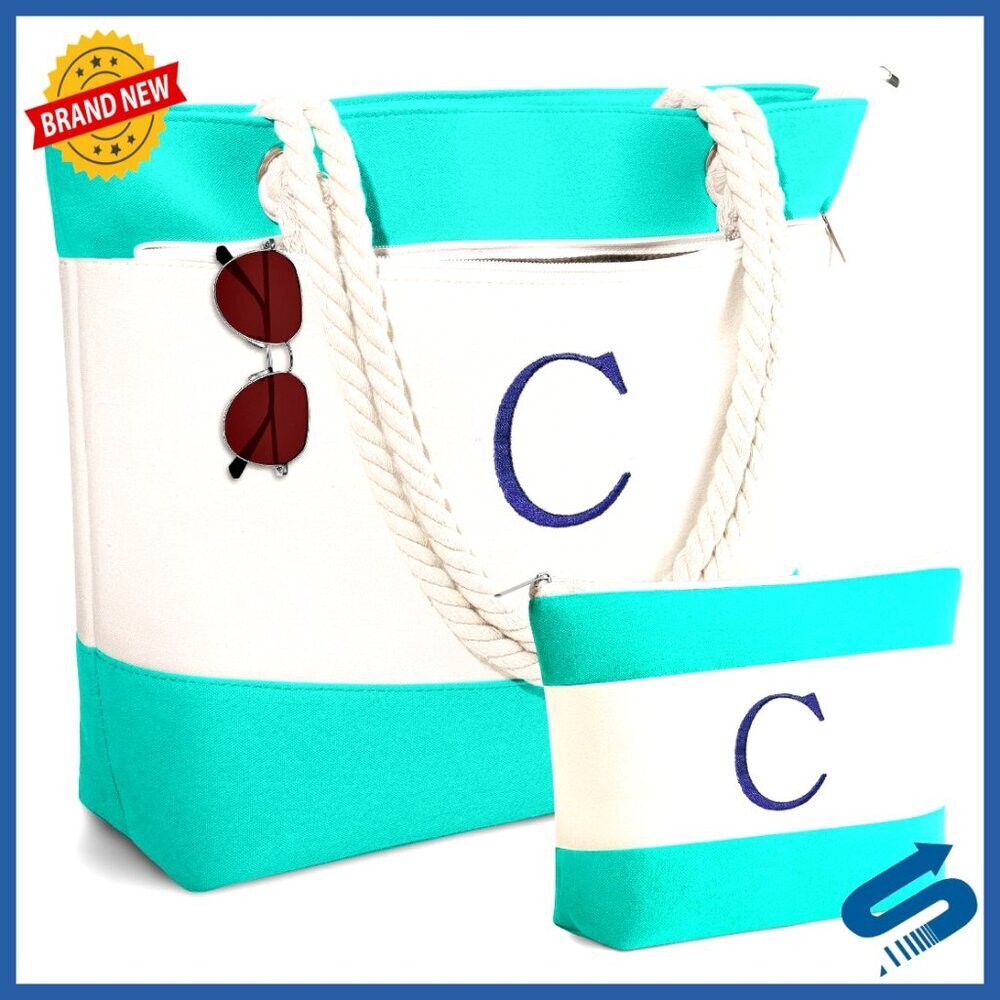Personalized Initial Canvas Tote Beach Bag Waterproof Sandproof Large Size